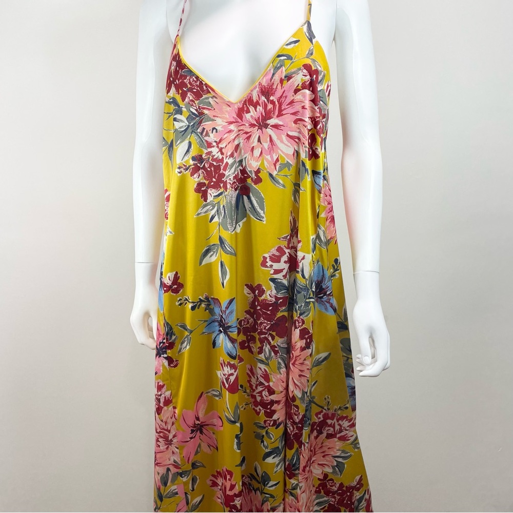 Nicole Miller New York Yellow Floral‎ Satin Maxi Dress Pockets Size 8